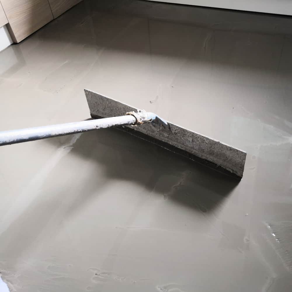 Self-leveling concrete is typically used to create a flat and smooth surface with a compressive strength similar to or higher than that of traditional concrete prior to installing interior floor.